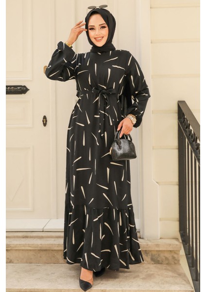 Desenli Siyah Tesettür Viskon Elbise 23431S