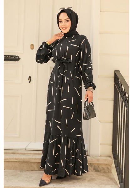 Desenli Siyah Tesettür Viskon Elbise 23431S fiyatları