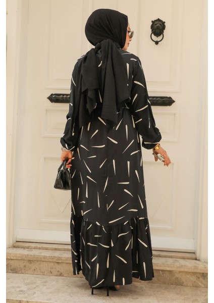 Desenli Siyah Tesettür Viskon Elbise 23431S modelleri