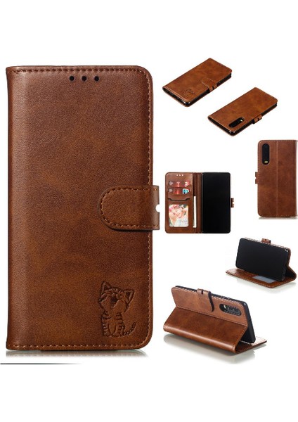 Huawei P30 Manyetik Kapatma Kabartmalı Kickstand Kartı Için Cüzdan Kılıf (Yurt Dışından)