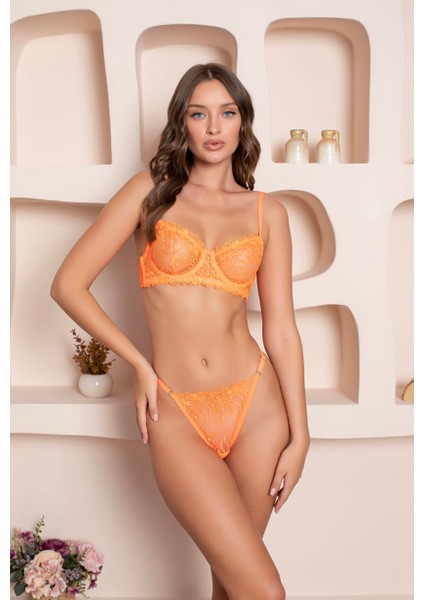 Thrill Bra Mandarin Turuncu Çiçekli Dantelli Neon Fosforlu Tül Transparan Sütyen Bralet Külot Takımı