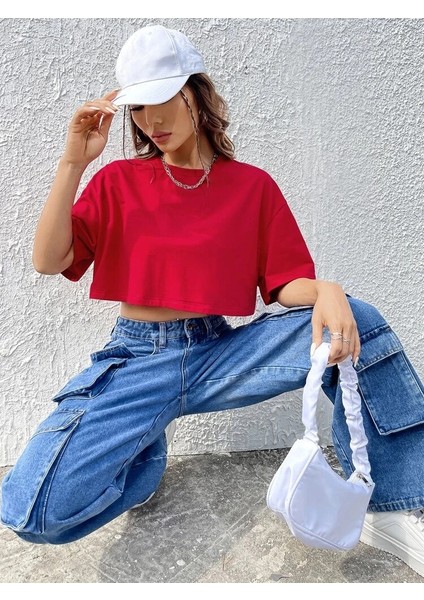 Kadın Crop Baskısız Düz Oversize Salaş T-Shirt