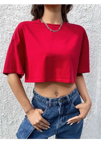 Kadın Crop Baskısız Düz Oversize Salaş T-Shirt fiyatları
