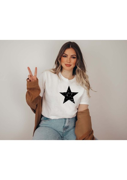 Kadın Yıldız Baskılı Oversize Salaş T-Shirt