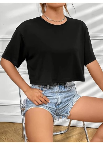 Kadın Crop Baskısız Düz Oversize Salaş T-Shirt