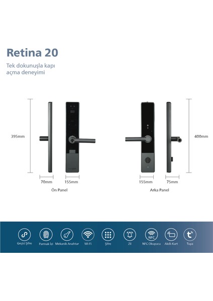 EmaksPrime Akıllı Kilit Retina20 - İç Kilit Dahil & Montaj Dahil -Kamera, Serbest Geçiş Mod, Parmaz İzi, Şifre, Kart