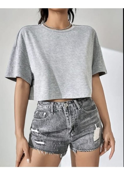 Kadın Crop Baskısız Düz Oversize Salaş T-Shirt fiyatları