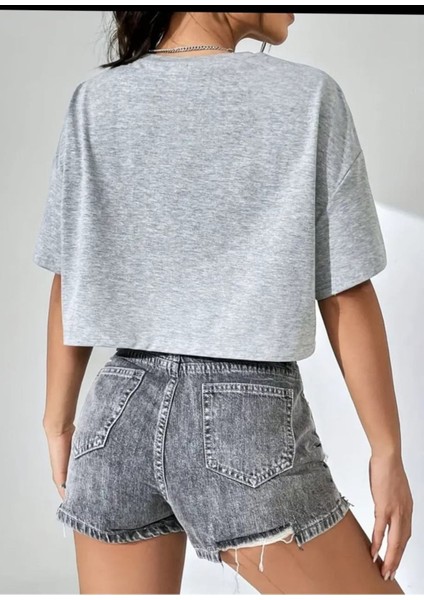 Kadın Crop Baskısız Düz Oversize Salaş T-Shirt modelleri