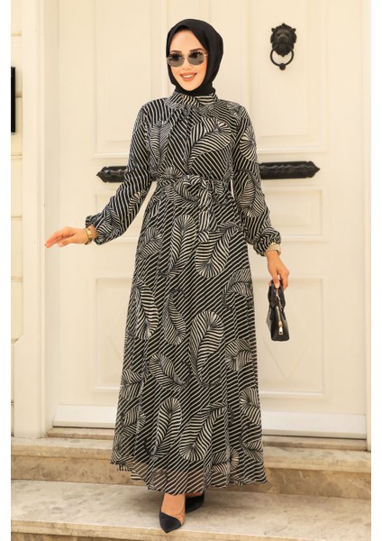 Desenli Siyah Tesettür Elbise 34465S