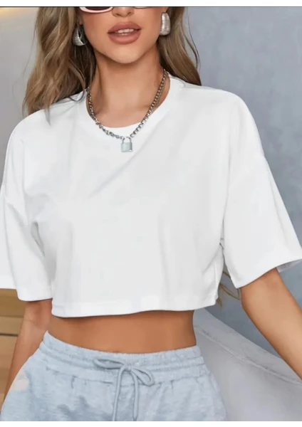 Kadın Crop Baskısız Düz Oversize Salaş T-Shirt