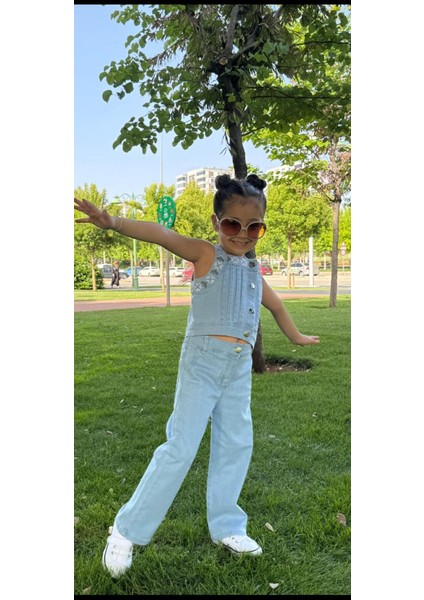 Kız Çocuk Buz Mavi Kot Pantolon Crop Takım modelleri