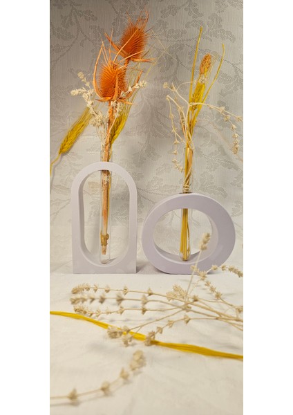 Lila Beton Kuru Çiçeklik Vazo,Dekoratif Vazo 2'Li Set(2 Adet Cam Tüp Dahil)