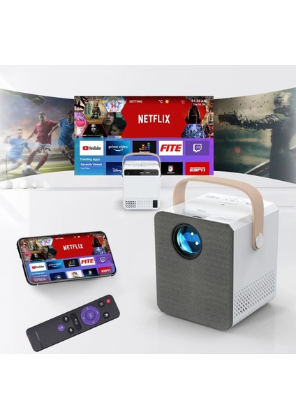 Android 4K Destekli Wi-Fi + Bluetooth LCD LED Projeksiyon Cihazı - 220 Inç Yansıtma - Audio Hoparlör