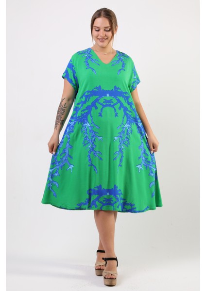 Yazlık Büyük Beden Viskon V Yaka Kısa Kol Elbise 2688