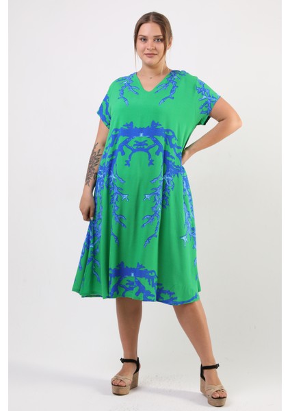 Yazlık Büyük Beden Viskon V Yaka Kısa Kol Elbise 2688 fiyatları