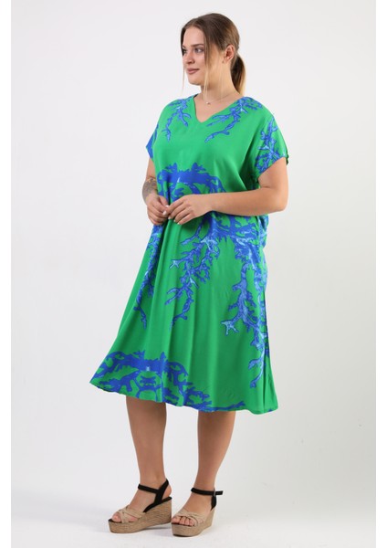 Yazlık Büyük Beden Viskon V Yaka Kısa Kol Elbise 2688 fırsatları