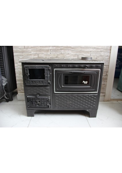 Sanayi Döküm Tuğlalı , Camlı , Füme Renk , Emaye Soba , Örme Desen