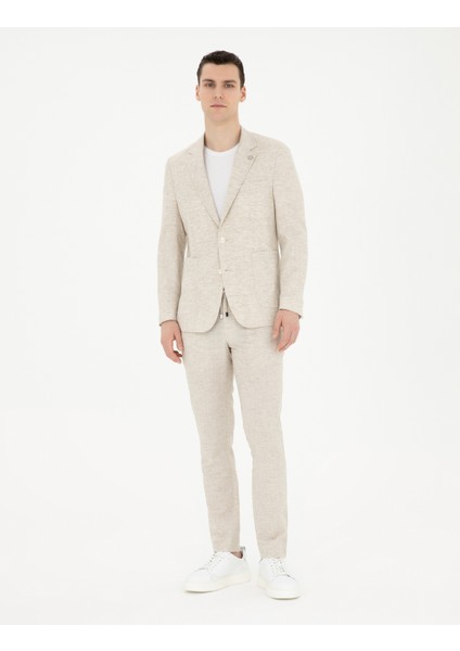 Erkek Bej Slim Fit Keten Karışımlı Çizgili Takım Elbise 50286097-VR011
