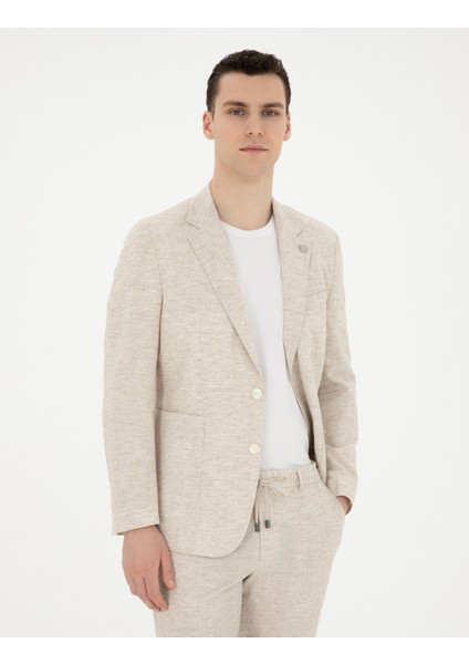 Erkek Bej Slim Fit Keten Karışımlı Çizgili Takım Elbise 50286097-VR011