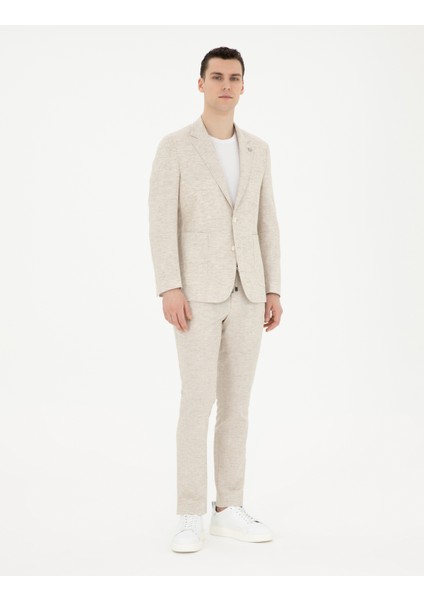 Erkek Bej Slim Fit Keten Karışımlı Çizgili Takım Elbise 50286097-VR011