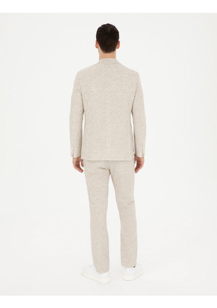 Erkek Bej Slim Fit Keten Karışımlı Çizgili Takım Elbise 50286097-VR011