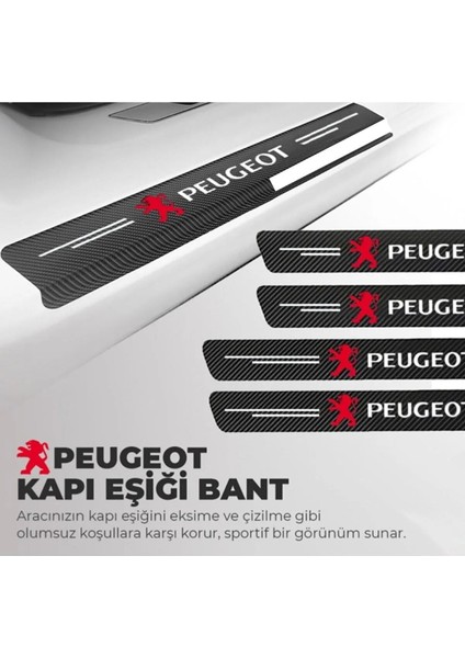 DK Elektronik Peugeot Logolu Karbon Kapı Eşiği Koruyucu Bant Folyo 4'lü Set