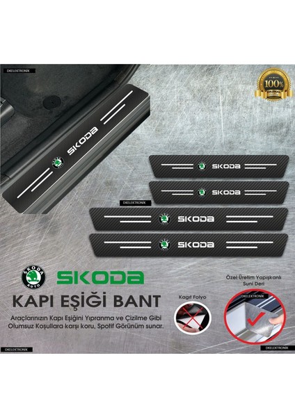 Skoda Fabia Logolu Karbon Kapı Eşiği Koruyucu Suni Deri 4'lü Set