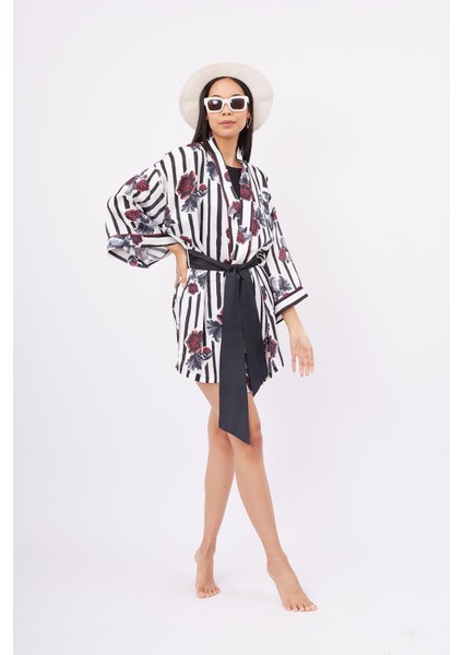 STRIPE GARDEN SHORT KIMONO Baskılı Saten Kadın Kısa Kimono - Çok Renkli