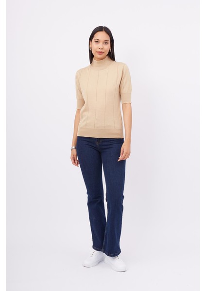 Betty Blouse Balıkçı Yaka Kısa Kollu Ince Basic Kadın Triko Bluz - Bej