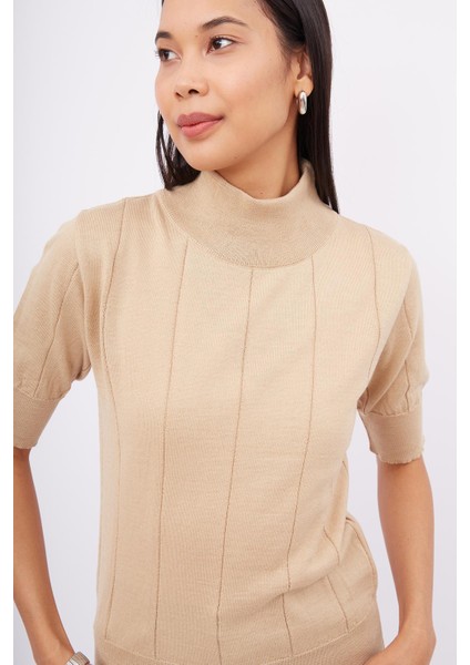 Betty Blouse Balıkçı Yaka Kısa Kollu Ince Basic Kadın Triko Bluz - Bej modelleri