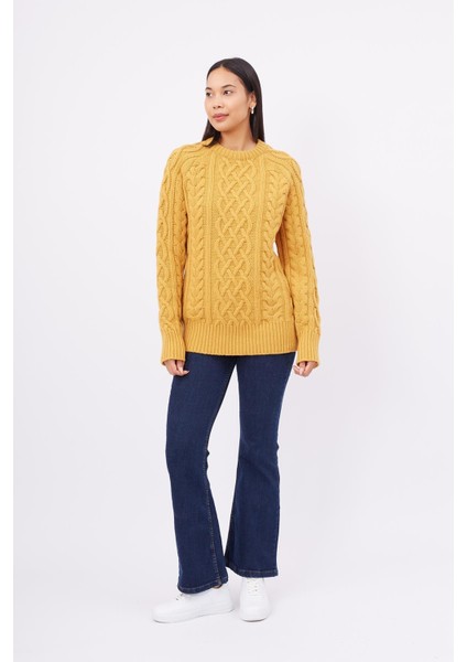 DENIZ CABLE PULLOVER Saç Örgülü Bisiklet Yaka Unisex Triko Kazak - Sarı