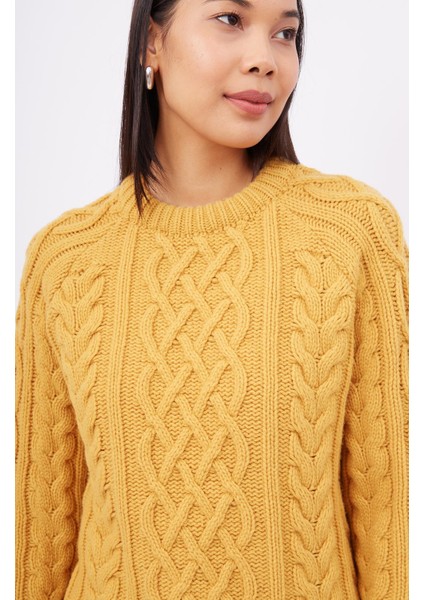 DENIZ CABLE PULLOVER Saç Örgülü Bisiklet Yaka Unisex Triko Kazak - Sarı