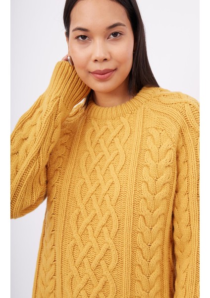 DENIZ CABLE PULLOVER Saç Örgülü Bisiklet Yaka Unisex Triko Kazak - Sarı