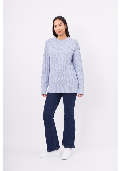 DENIZ CABLE PULLOVER Saç Örgülü Bisiklet Yaka Unisex Triko Kazak - Açık Mavi