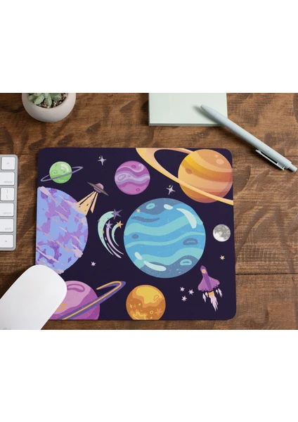 Gezegen Uzay Temalı Hediyelik  ve Günlük Kullanıma Uygun Dikdörtgen Şeklinde Baskılı Mouse Pad