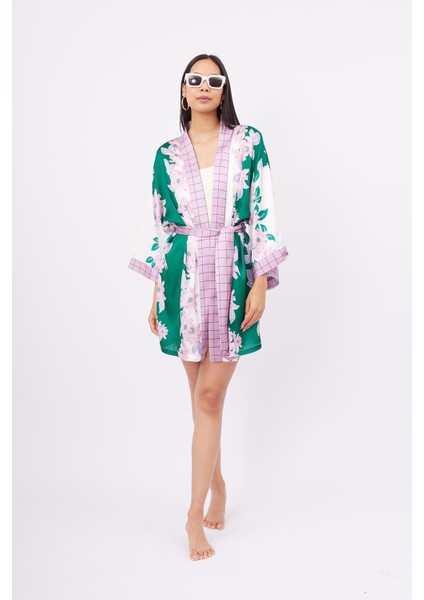 LILAC CHARM SHORT KIMONO Baskılı Saten Kadın Kısa Kimono - Yeşil/Pembe