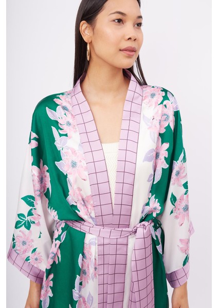 LILAC CHARM SHORT KIMONO Baskılı Saten Kadın Kısa Kimono - Yeşil/Pembe