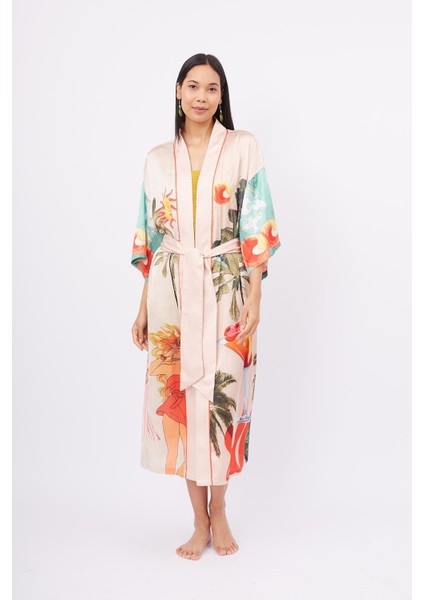 Summer Tıme Long Kimono Yaz Desenleri Baskılı 125 cm Uzun Saten Kadın Kimono - Çok Renkli