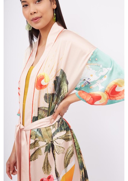 Summer Tıme Long Kimono Yaz Desenleri Baskılı 125 cm Uzun Saten Kadın Kimono - Çok Renkli