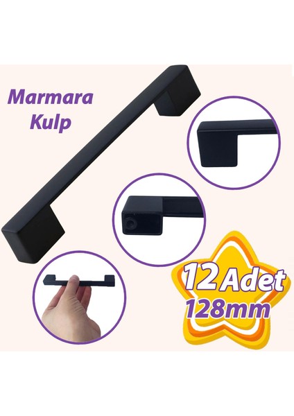 12 Adet Marmara Kulp 128 mm Siyah Mutfak Kulpu Çekmece Dolap Kapak Kulbu Metal Mobilya Dolabı Kulpları