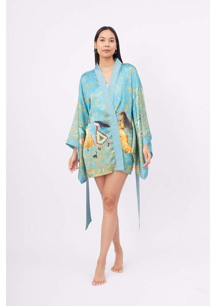 Joy Short Kımono Anne-Çocuk Baskılı 80 cm Kısa Saten Kadın Kimono - Turkuaz