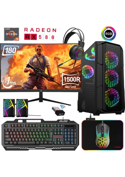 XSR469 Ryzen 5 5600 16GB Ram 512GB M.2 Nvme SSD 8gb RX580 Ekran Kartı 27"curved 180Hz Oyun Bilgisayarı