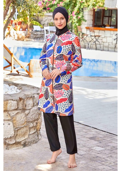 Brıanna Tam Kapalı Tesettür Mayo Kadınlar İçin Desenli Su İtici 3 Parça Siyah