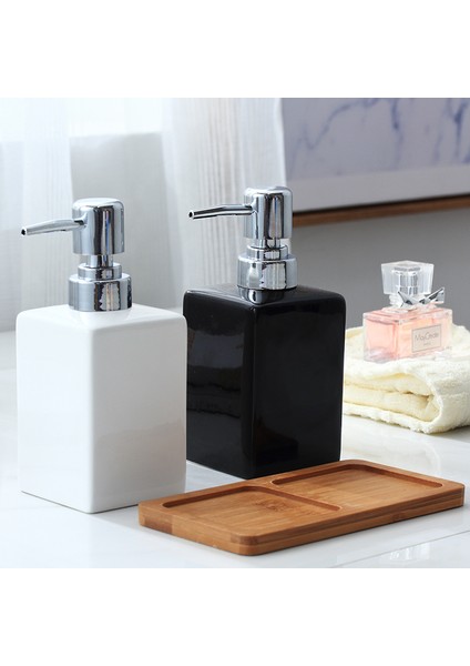 B Tarzı 320ML Seramik Duş Jeli Şişesi Seramik Banyo Aksesuarları Seti El Dezenfektanı Şişesi Sıvı Sabunluk Ahşap Tepsi ile (Yurt Dışından)