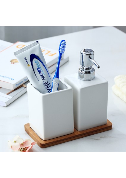 B Tarzı 320ML Seramik Duş Jeli Şişesi Seramik Banyo Aksesuarları Seti El Dezenfektanı Şişesi Sıvı Sabunluk Ahşap Tepsi ile (Yurt Dışından)
