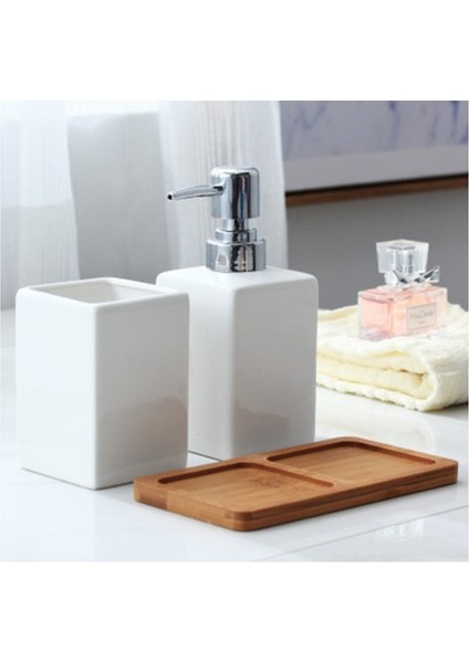 cc Tarzı 320ML Seramik Duş Jeli Şişesi Seramik Banyo Aksesuarları Seti El Dezenfektanı Şişesi Sıvı Sabunluk Ahşap Tepsi ile (Yurt Dışından)