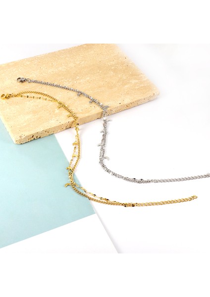 67G Luxusteel Paslanmaz Çelik Çift Zincir Halhal Kadınlar Için Küçük Para Ay Gülen Charm Bacak Bilezik Vintage Takı Altın Renk (Yurt Dışından) modelleri