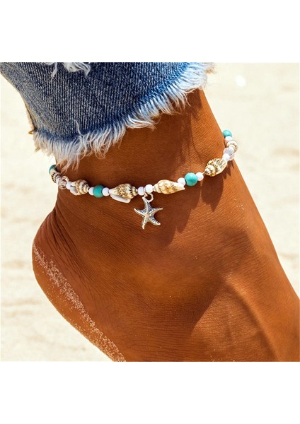 NO.50158 Boyutu Kotik Vintage Gümüş Renk Kabuk Boncuk Denizyıldızı Halhal Kadınlar Için El Yapımı Boncuklu Ayak Bileği Bilezik Yaz Plaj Ayak Takısı (Yurt Dışından) fırsatları