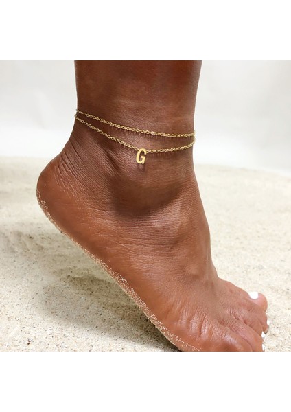 JC-070G-G Kadınlar Için Katmanlı Ilk Bilezik Halhal Paslanmaz Çelik Ayak Zinciri A - Z Mektup Ayak Bilekleri Bohemian Yaz Plaj Hediyesi (Yurt Dışından)