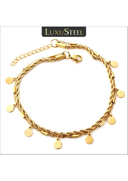 69G Luxusteel Çift Katmanlı Para Disk Kolye Halhal Altın Renk Paslanmaz Çelik Anti-Alerjik Halat Zincir Bacak Ayak Bilezik Takı (Yurt Dışından)